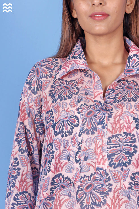 Mulmul Cotton Boyfriend Shirt In Floral Block Print