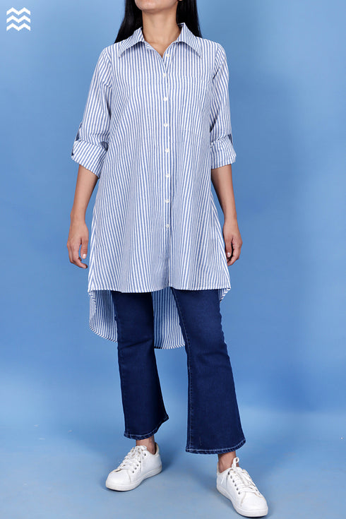 Cambric Cotton Boyfriend Shirt In Striped Block Print