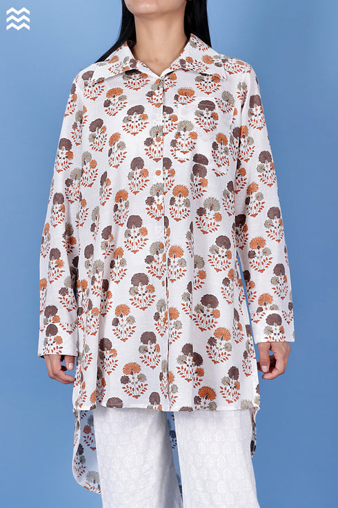Slub Cotton Boyfriend Shirt In Floral Block Print