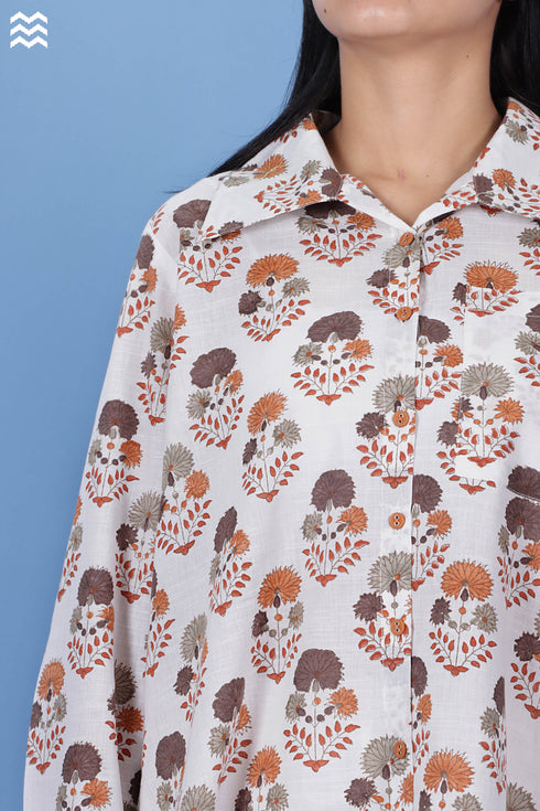 Slub Cotton Boyfriend Shirt In Floral Block Print