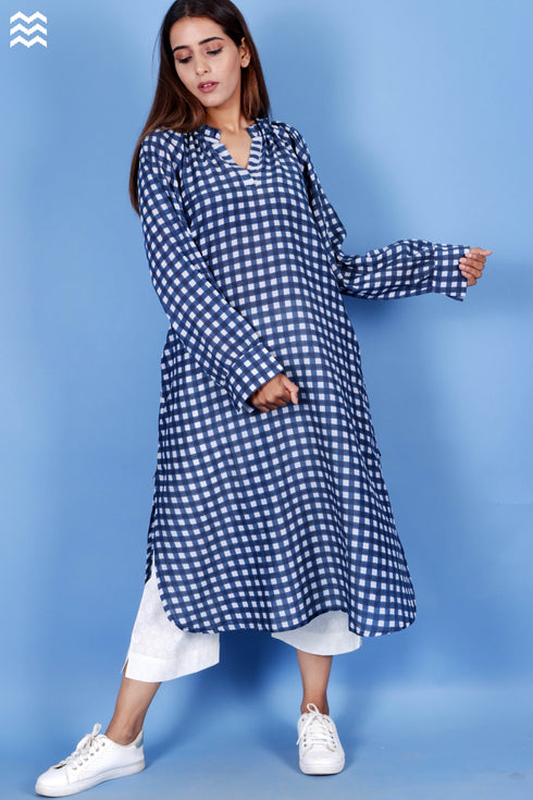 Silk Cotton Poirot Top In Checkered Block Print