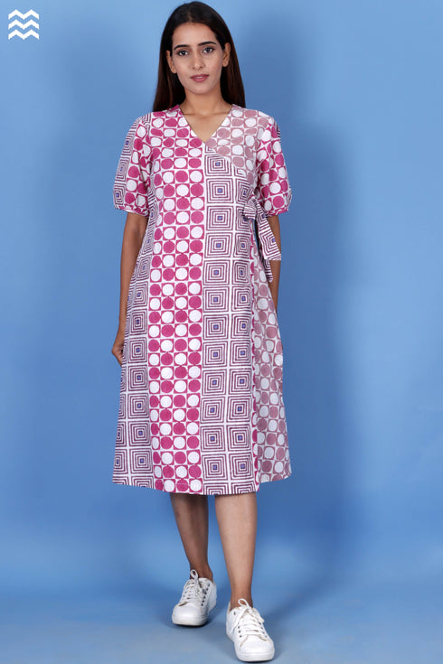 Slub Cotton Classic Wrap Dress In Graphic Block Print