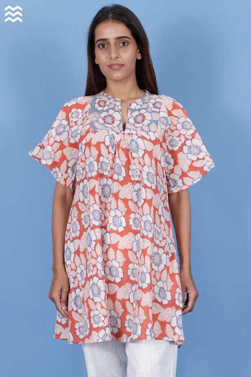 Crepe Cotton Butterfly Top In Floral Block Print