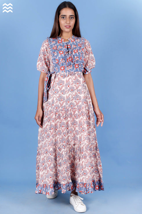 Crepe Cotton Betsy Dress In Floral Block Print