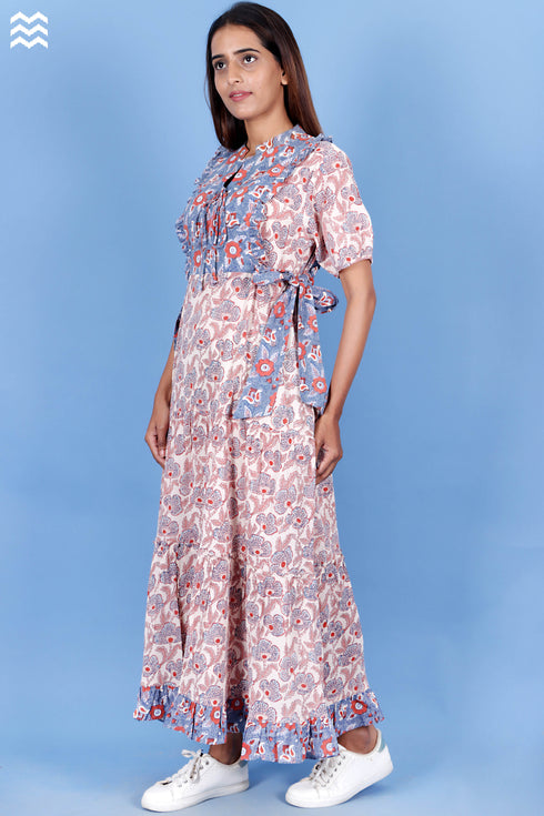 Crepe Cotton Betsy Dress In Floral Block Print