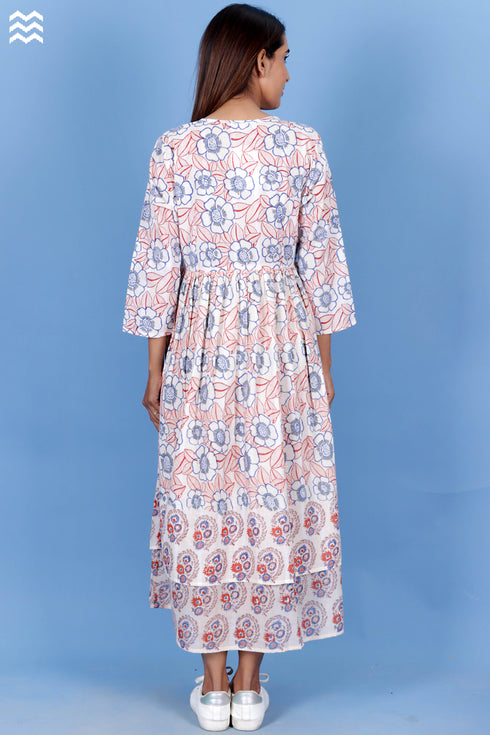 Cotton Layered Dress In Floral Block Print
