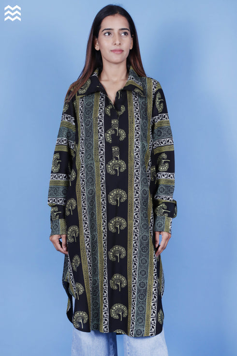Rayon Long Boyfriend Shirt In Block Print
