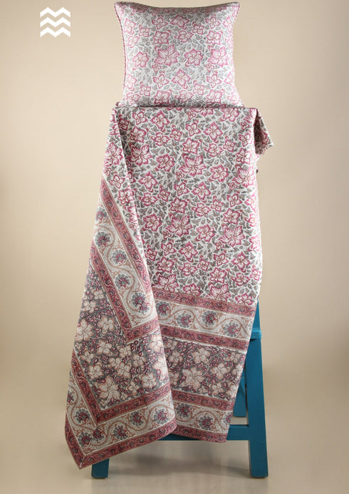 20s Cotton Bed Cover In Carnelian Pink And Powder Blue Floral Block Print