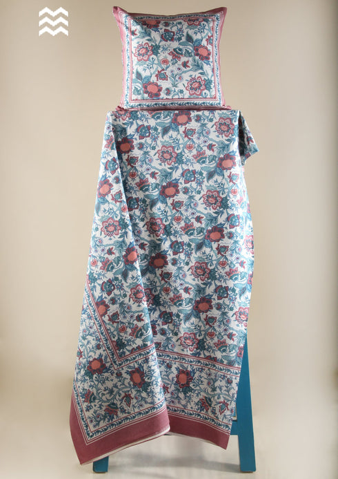 20s Cotton Bedcover in Pink & Indigo Floral Jaal Print