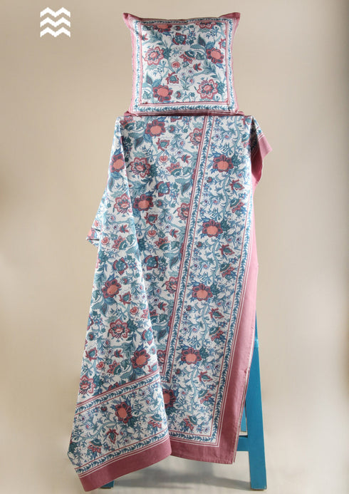 20s Cotton Bedcover in Pink & Indigo Floral Jaal Print