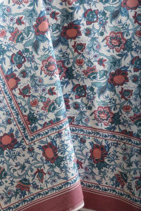 20s Cotton Bedcover in Pink & Indigo Floral Jaal Print
