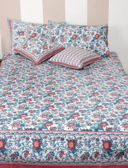 20s Cotton Bedcover in Pink & Indigo Floral Jaal Print