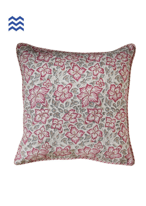 20s Cotton Cushion Cover In Carnelian Pink And Powder Blue Floral Block Print