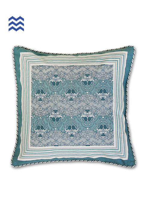 20s Cotton Cushion Cover In Teal Floral Block Print