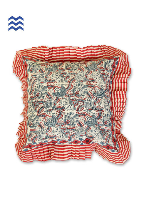 20s Cotton Cushion Cover With Frills In Floral Block Print