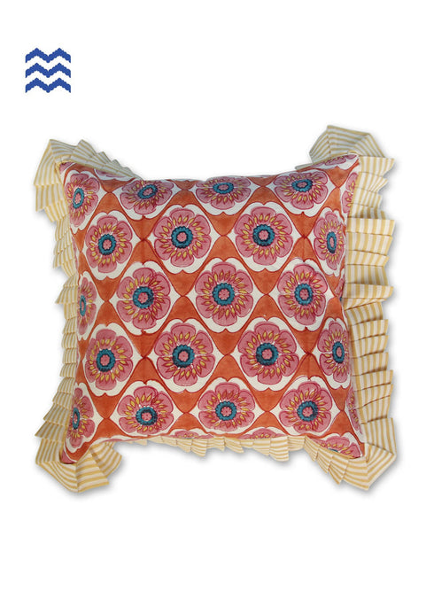 20s Cotton Frilled Cushion Cover In Graphic Block Print