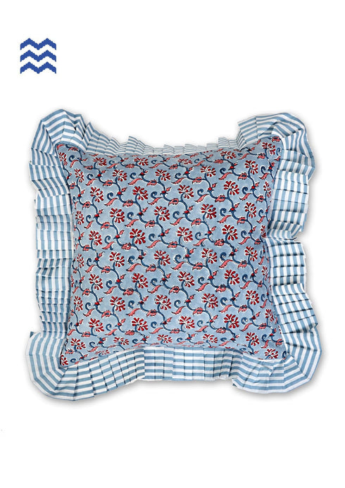 20s Cotton Cushion Cover With Frills In FloralBlock Print