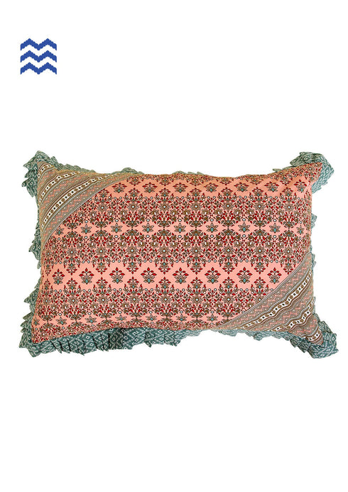 40s Cotton Pillow Cover With Frills In Pale Teal And Peach Floral Print