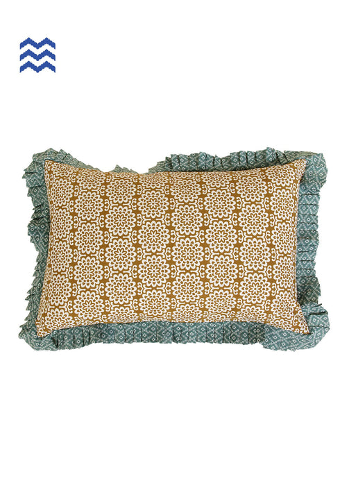 40s Cotton Pillow Cover With Frills In Pale Teal And Peach Floral Print