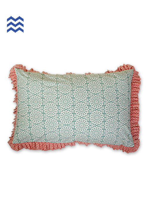 40s Cotton Pillow Cover With Frills In Dijon Yellow And Baby Blue Abstract Print