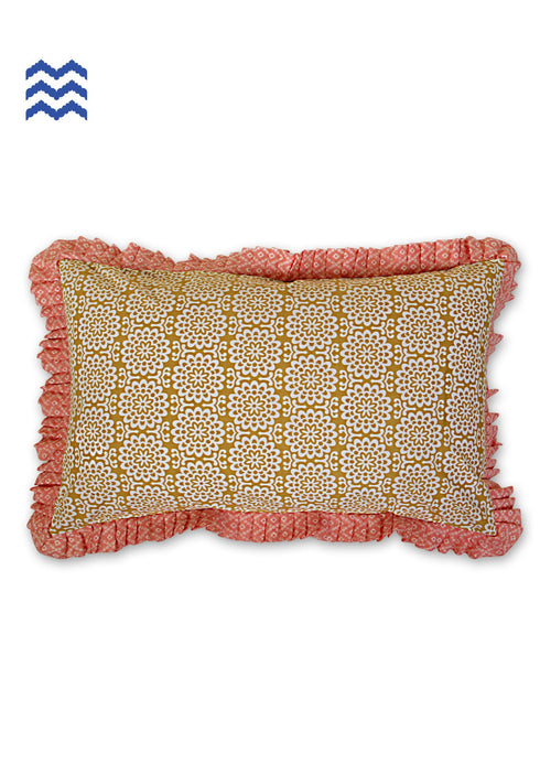 40s Cotton Pillow Cover With Frills In Dijon Yellow And Baby Blue Abstract Print