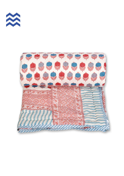 Mulmul Cotton Quilt In Blue and Red Block Print