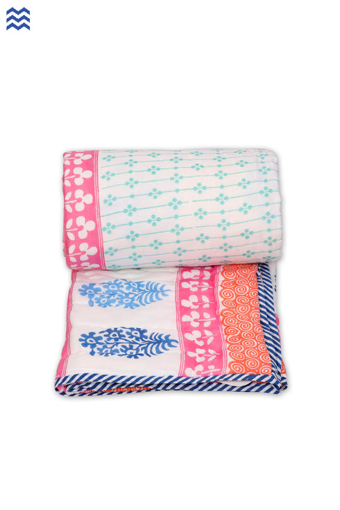 Mulmul Cotton Quilt In Peach And Magenta Floral Block Print