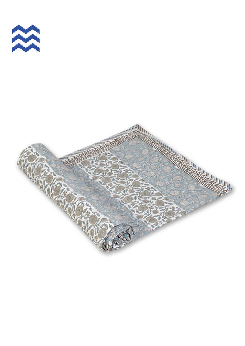 Mulmul Cotton Dohar In Steel Blue And Stone Grey Floral Block Print