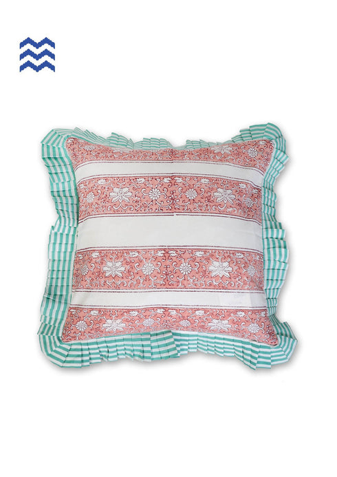 20s Cotton Cushion Cover With Frills In Floral Block Print