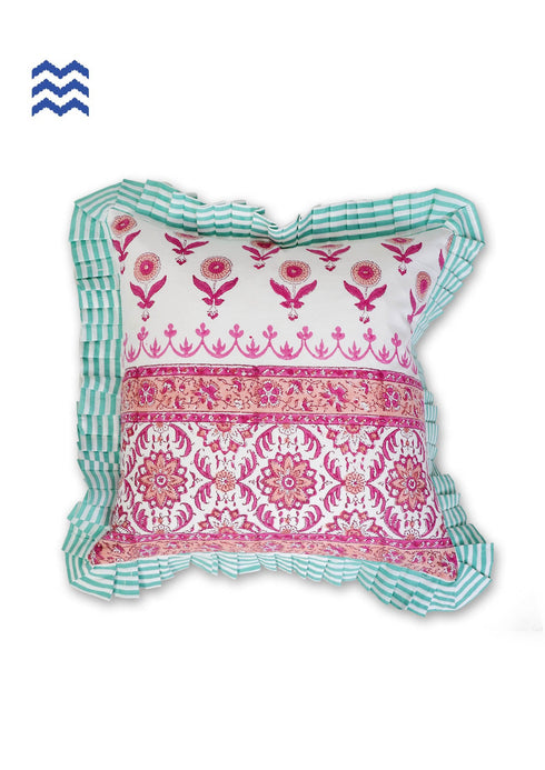 20s Cotton Cushion Cover With Frills In Floral Block Print