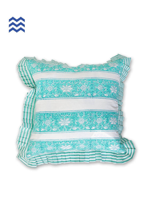 20s Cotton Cushion Cover With Frills In Floral Block Print