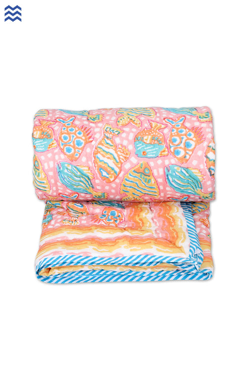 Mulmul Cotton Quilt In Graphic Block Print