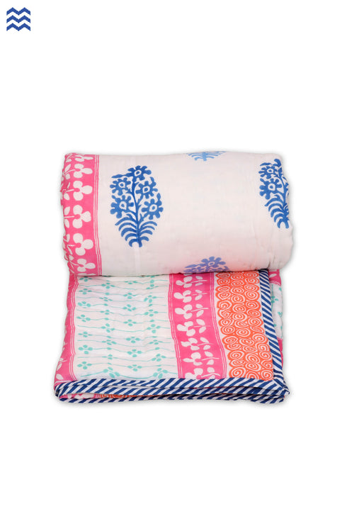Mulmul Cotton Quilt In Peach And Magenta Floral Block Print