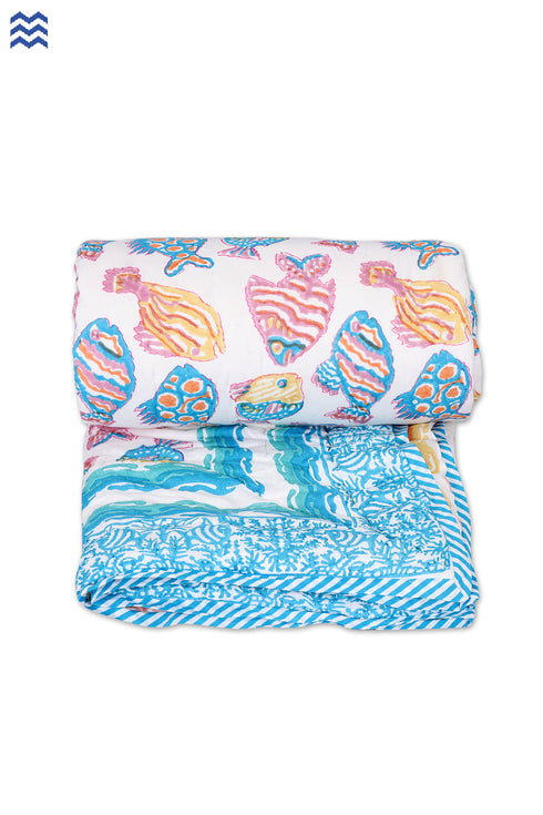 Mulmul Cotton Quilt In Graphic Block Print