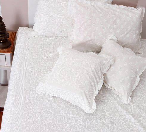 20s Cotton Cushion Cover With FrillsIn Ivory Block Print