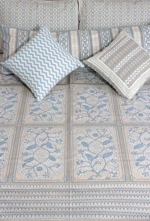 Beige and Blue Floral Block Printed Bedcover in White