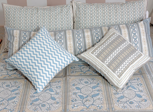 Beige and Blue Floral Block Printed Bedcover in White