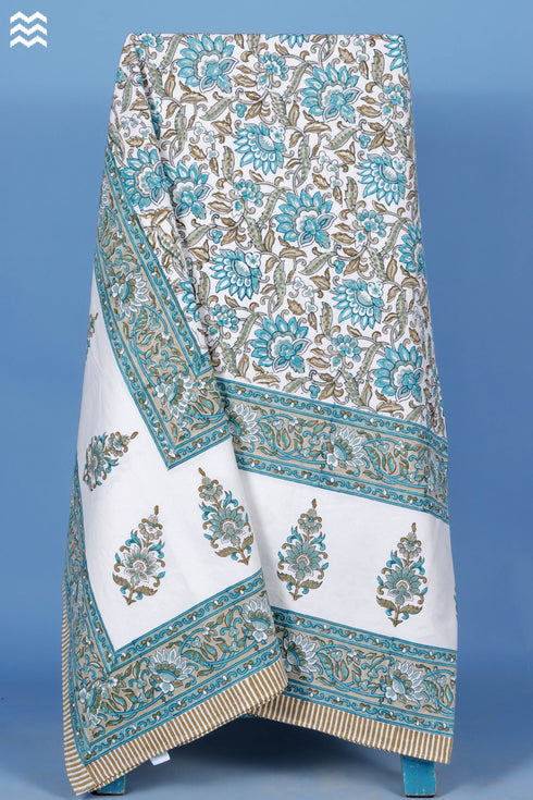 20s Cotton KING SIZE Bed Cover In Floral Block Print