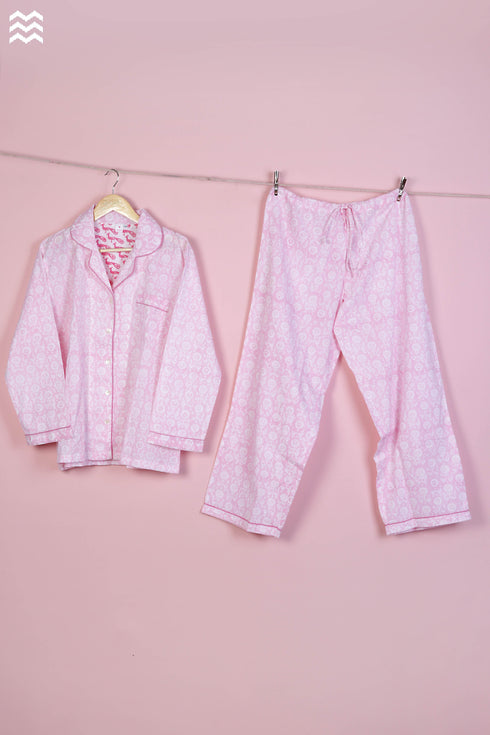 Cambric Cotton Long Pajama Set In Graphic Block Print