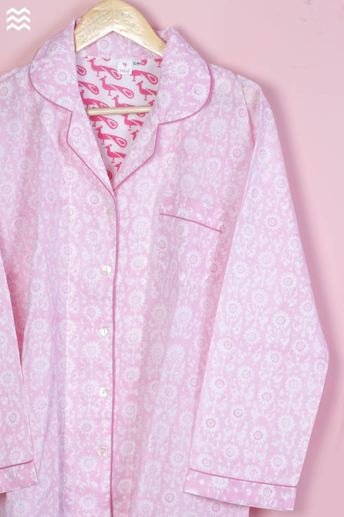 Cambric Cotton Long Pajama Set In Graphic Block Print