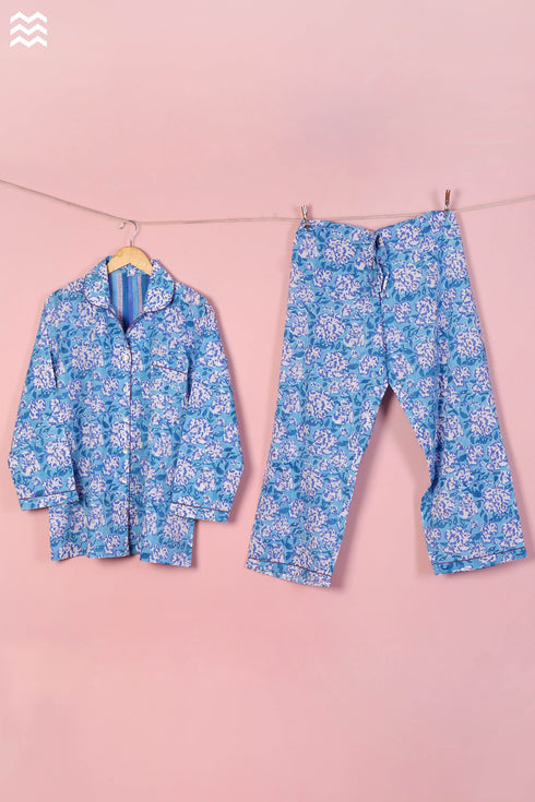 Cambric Cotton Long Pajama Set In Floral Block Print