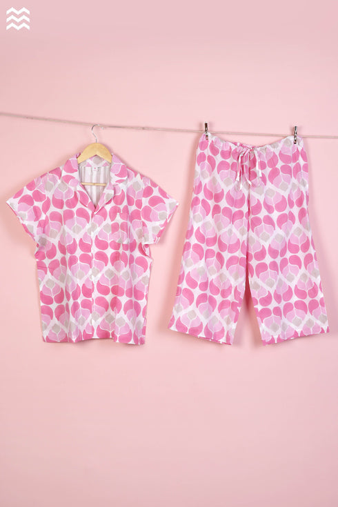 Cambric Cotton Wader Pajama Set In Graphic Block Print