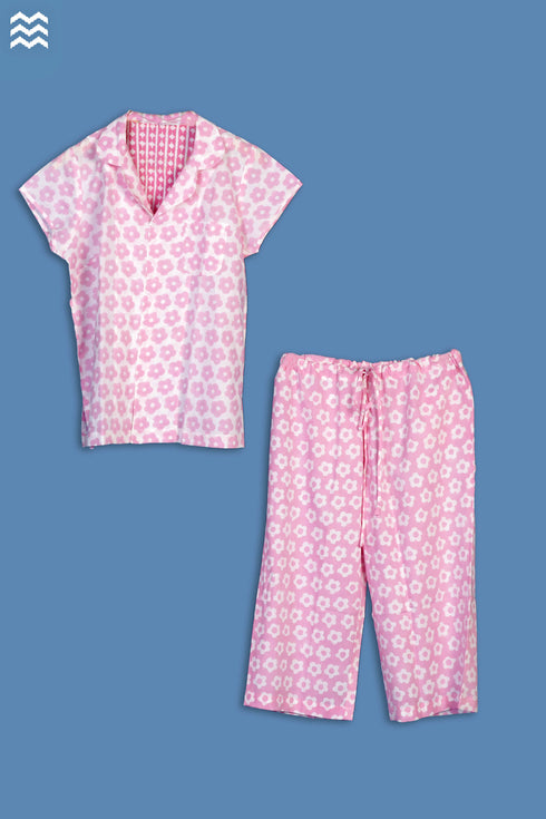 Cambric Cotton Wader Pajama Set In Graphic Block Print