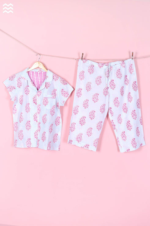Cambric Cotton Wader Pajama Set In Paisley Block Print