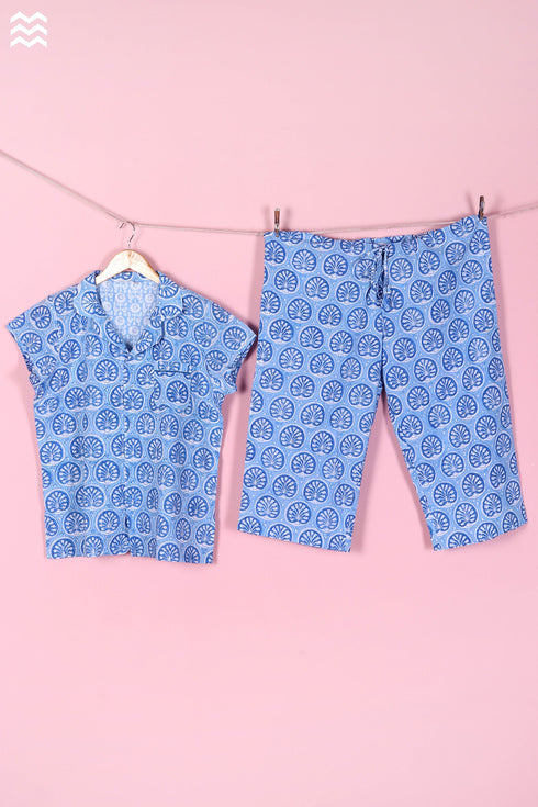 Cambric Cotton Wader Pajama Set In Graphic Block Print