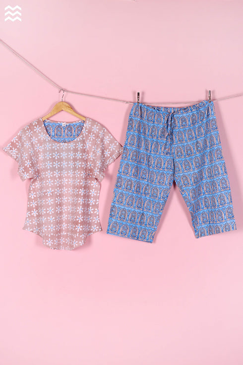 Cambric Cotton Wader Pajama Set In Graphic Block Print