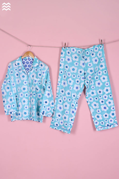 Cambric Cotton Long Pajama Set In Floral Block Print