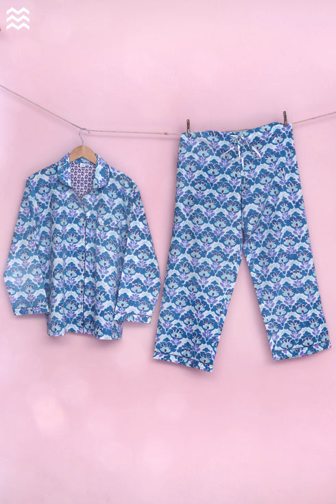 Cambric Cotton Long Pajama Set In Abstract Block Print
