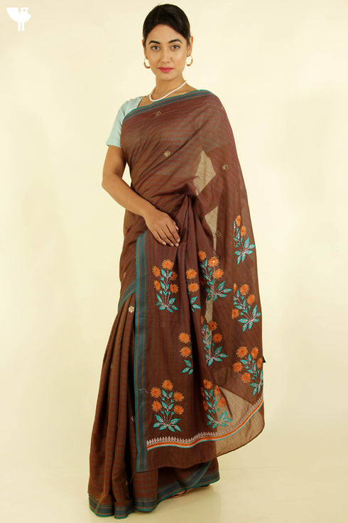 Maheshwari Silk Saree With Floral Embroidery