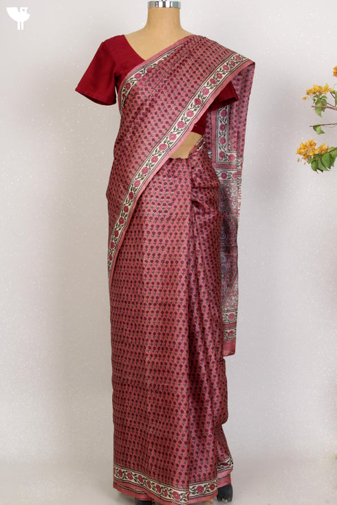 Tussar Silk Saree In Floral Block Print